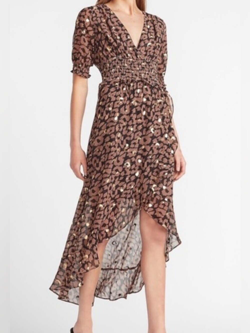 Express Brown Leopard Print High-Low Dress with Gold Accents